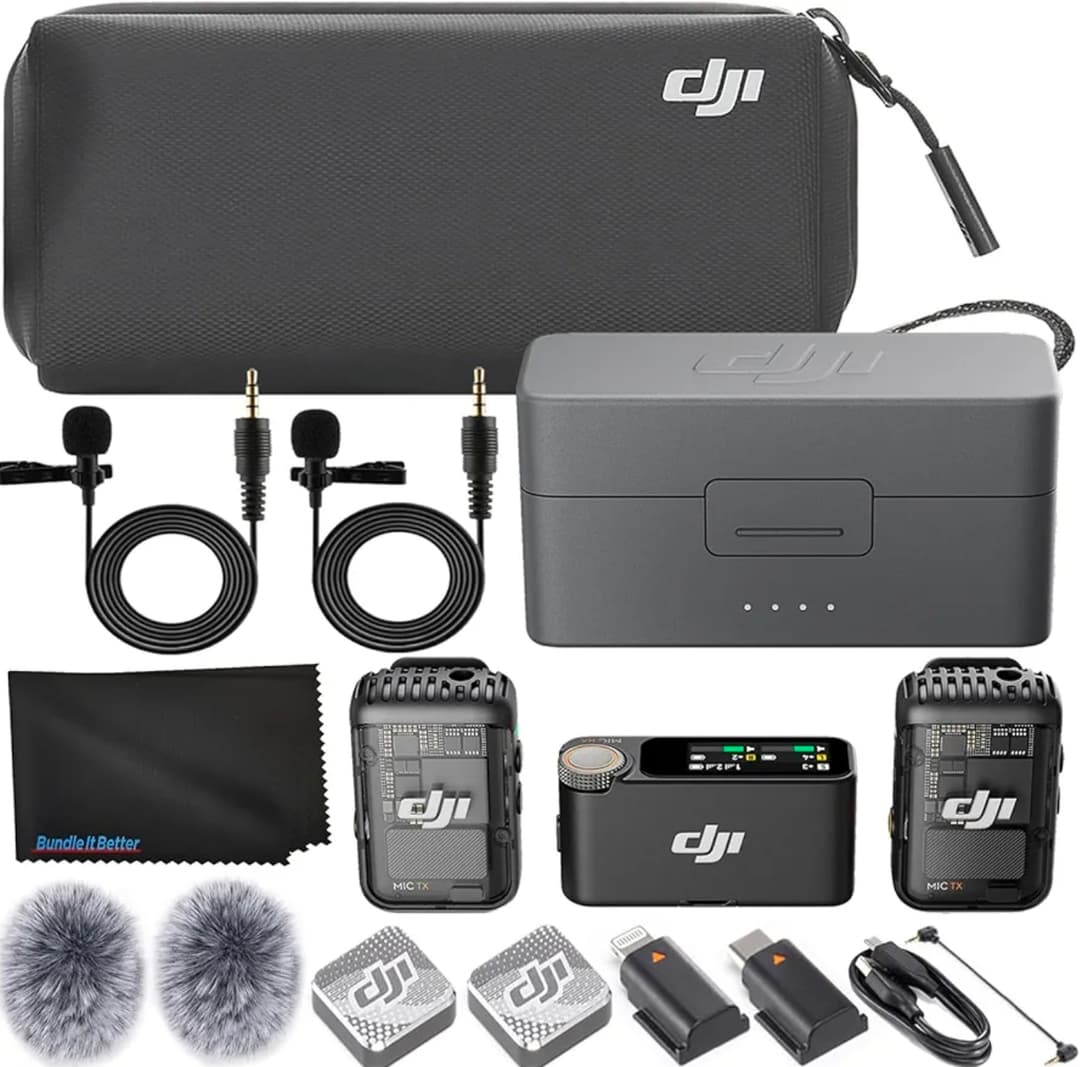 DJI Mic 2 (2 TX + 1 RX + Charging Case), Wireless Lavalier Microphone, Noise Cancelling, 820 ft. Range, Microphone for iPhone, Android 
