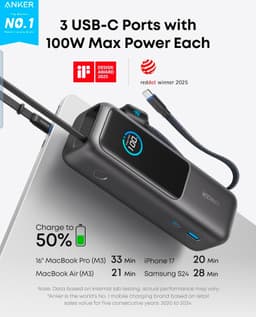 Product image for Anker Laptop Power Bank, 25,000mAh Portable Charger with Triple 100W USB-C Ports, Built-in Retractable Cables, Flight-Approved for Travel, iPhone 17/16 Series, MacBook, Samsung, and More