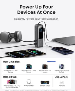 Product image for Anker Laptop Power Bank, 25,000mAh Portable Charger with Triple 100W USB-C Ports, Built-in Retractable Cables, Flight-Approved for Travel, iPhone 17/16 Series, MacBook, Samsung, and More